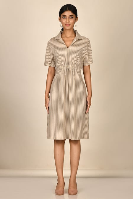 Buy_Samyukta Singhania_Beige Cotton Collared Striped Dress_Online_at_Aza_Fashions