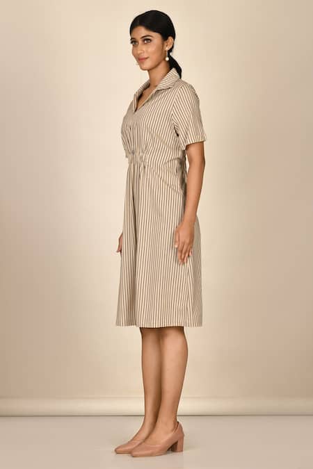 Shop_Samyukta Singhania_Beige Cotton Collared Striped Dress_Online_at_Aza_Fashions