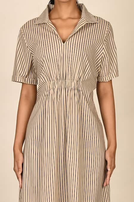Samyukta Singhania_Beige Cotton Collared Striped Dress_at_Aza_Fashions