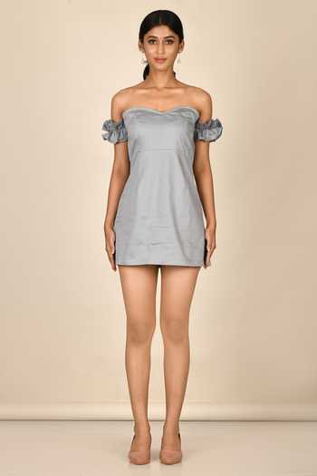 Buy_Aryavir Malhotra_Blue Cotton Plain Sweetheart Neck Frill Sleeve Dress_Online_at_Aza_Fashions