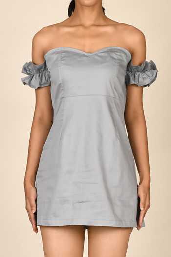 Aryavir Malhotra_Blue Cotton Plain Sweetheart Neck Frill Sleeve Dress_at_Aza_Fashions