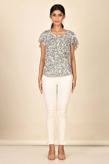 Buy Khwaab By Sanjana Lakhani White Polyester, Georgette Round Neck Floral Print Top Online at Aza Fashions Buy_Khwaab By Sanjana Lakhani_White Polyester, Georgette Round Neck Floral Print Top _Online_at_Aza_Fashions