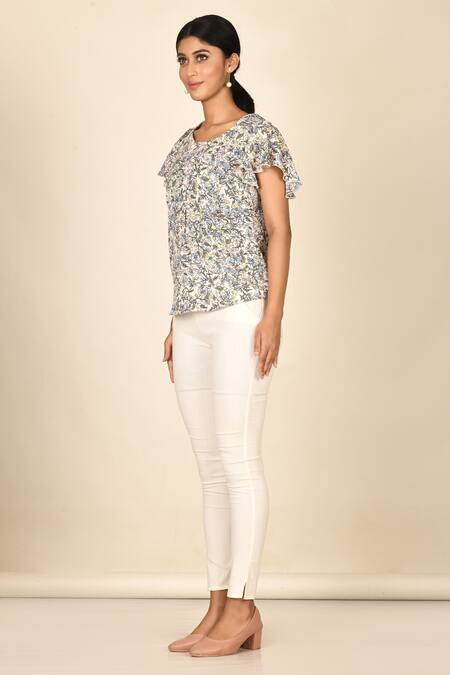 Shop Khwaab By Sanjana Lakhani White Polyester, Georgette Round Neck Floral Print Top Online at Aza Fashions Shop_Khwaab By Sanjana Lakhani_White Polyester, Georgette Round Neck Floral Print Top _Online_at_Aza_Fashions