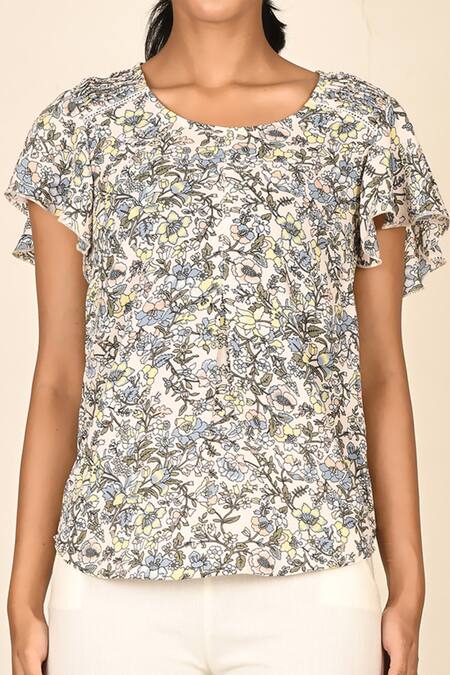 Khwaab By Sanjana Lakhani White Polyester, Georgette Round Neck Floral Print Top at Aza Fashions Khwaab By Sanjana Lakhani_White Polyester, Georgette Round Neck Floral Print Top _at_Aza_Fashions