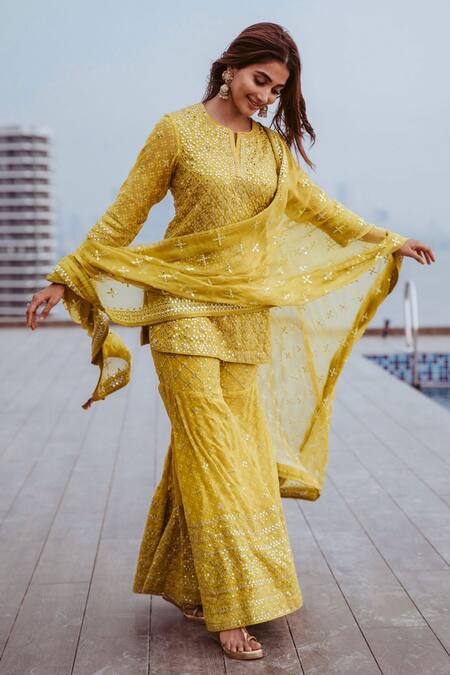 Archana Jaju_Yellow Handwoven Chanderi, Organza Silk Mirror Round Work Kurta Sharara Set_Online_at_Aza_Fashions