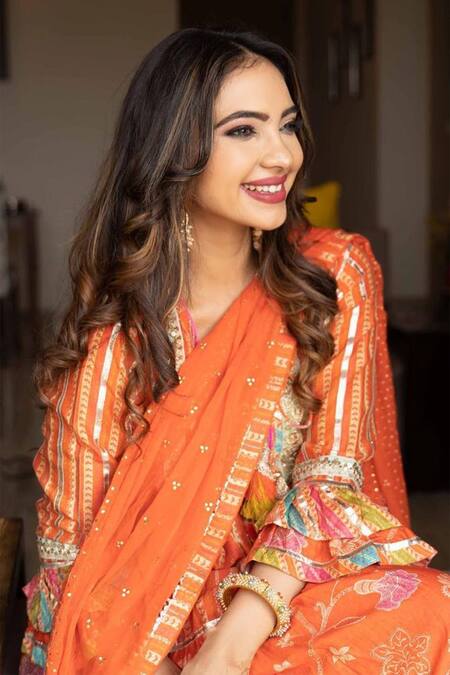 Buy_Gopi Vaid_Orange Kurta Cotton Silk Churidar Linen Satin Embroidered Anarkali Set_Online_at_Aza_Fashions