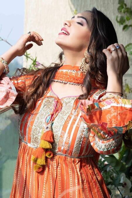 Shop_Gopi Vaid_Orange Kurta Cotton Silk Churidar Linen Satin Embroidered Anarkali Set_Online_at_Aza_Fashions