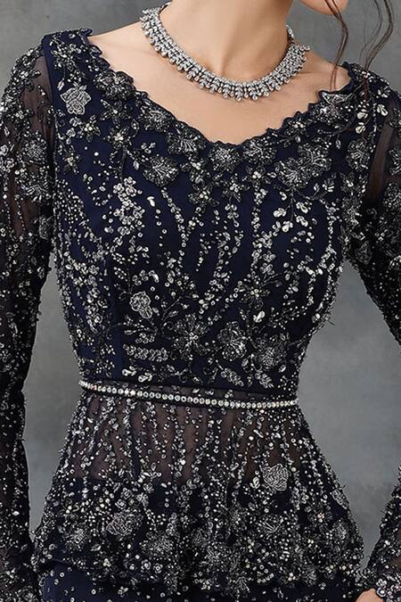 Pooja Peshoria_Blue Net, Crepe, Satin Embellished Lehenga Set_at_Aza_Fashions