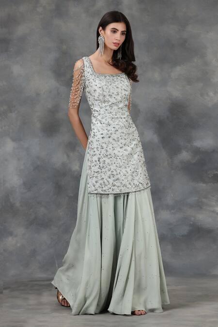 Pooja Peshoria_Blue Silk Habutai Embellished Kurta Set _Online_at_Aza_Fashions