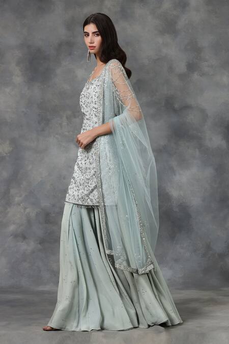 Buy_Pooja Peshoria_Blue Silk Habutai Embellished Kurta Set _Online_at_Aza_Fashions