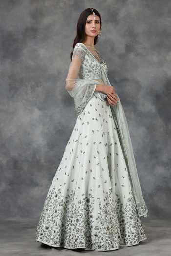 Pooja Peshoria_Green Net, Silk Habutai Embellished Bridal Lehenga Set _Online_at_Aza_Fashions