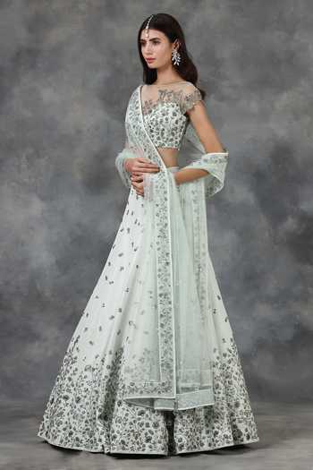 Buy_Pooja Peshoria_Green Net, Silk Habutai Embellished Bridal Lehenga Set _Online_at_Aza_Fashions