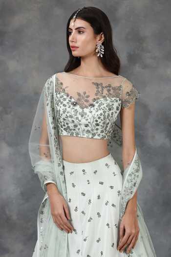 Shop_Pooja Peshoria_Green Net, Silk Habutai Embellished Bridal Lehenga Set _Online_at_Aza_Fashions