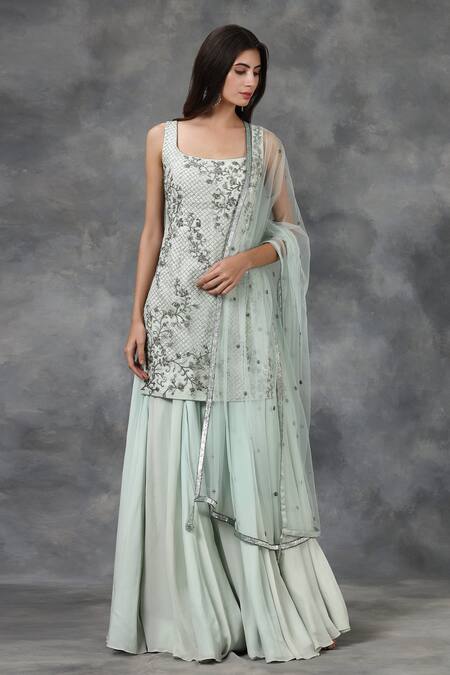 Pooja Peshoria_Purple Net, Crepe, Silk Organza Embellished Kurta Set_Online_at_Aza_Fashions