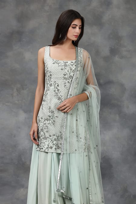 Buy_Pooja Peshoria_Purple Net, Crepe, Silk Organza Embellished Kurta Set_Online_at_Aza_Fashions