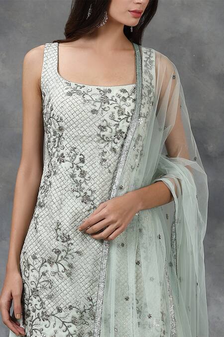 Shop_Pooja Peshoria_Purple Net, Crepe, Silk Organza Embellished Kurta Set_Online_at_Aza_Fashions