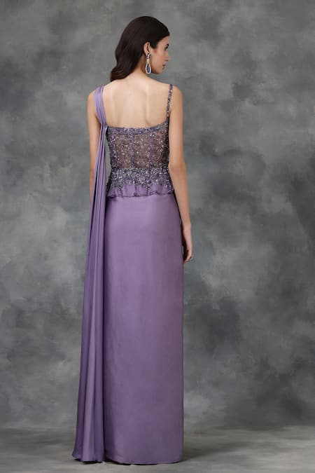 Shop Pooja Peshoria Purple Satin Embellished Saree Gown at Aza Fashions Shop_Pooja Peshoria_Purple Satin Embellished Saree Gown _at_Aza_Fashions
