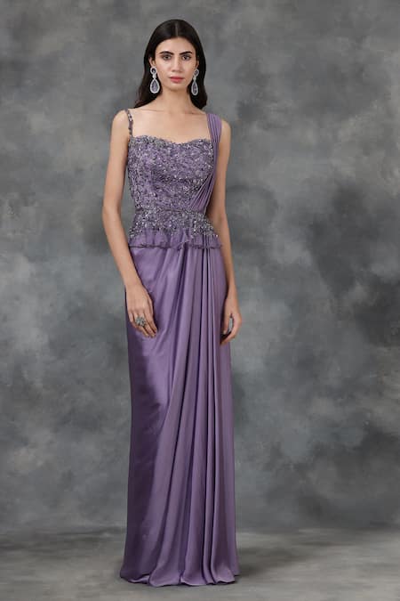Pooja Peshoria Purple Satin Embellished Saree Gown Online at Aza Fashions Pooja Peshoria_Purple Satin Embellished Saree Gown _Online_at_Aza_Fashions
