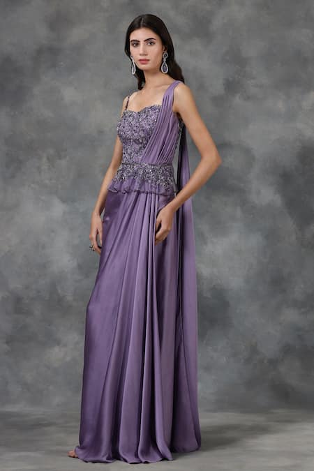 Buy Pooja Peshoria Purple Satin Embellished Saree Gown Online at Aza Fashions Buy_Pooja Peshoria_Purple Satin Embellished Saree Gown _Online_at_Aza_Fashions