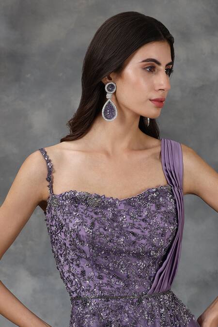 Shop Pooja Peshoria Purple Satin Embellished Saree Gown Online at Aza Fashions Shop_Pooja Peshoria_Purple Satin Embellished Saree Gown _Online_at_Aza_Fashions