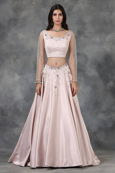 Pooja Peshoria_Pink Net, Satin Embellished Lehenga Set_Online_at_Aza_Fashions