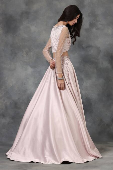 Buy_Pooja Peshoria_Pink Net, Satin Embellished Lehenga Set_Online_at_Aza_Fashions