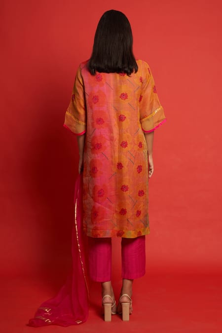 Shop Priti Prashant Orange Sheer Silk And Organza Floral Print & Sequin Notched Poppy Kurta Pant Set at Aza Fashions Shop_Priti Prashant_Orange Sheer Silk And Organza Floral Print & Sequin Notched Poppy Kurta Pant Set _at_Aza_Fashions