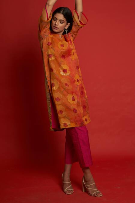 Priti Prashant Orange Sheer Silk And Organza Floral Print & Sequin Notched Poppy Kurta Pant Set Online at Aza Fashions Priti Prashant_Orange Sheer Silk And Organza Floral Print & Sequin Notched Poppy Kurta Pant Set _Online_at_Aza_Fashions