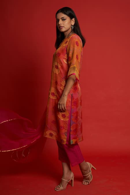 Buy Priti Prashant Orange Sheer Silk And Organza Floral Print & Sequin Notched Poppy Kurta Pant Set Online at Aza Fashions Buy_Priti Prashant_Orange Sheer Silk And Organza Floral Print & Sequin Notched Poppy Kurta Pant Set _Online_at_Aza_Fashions