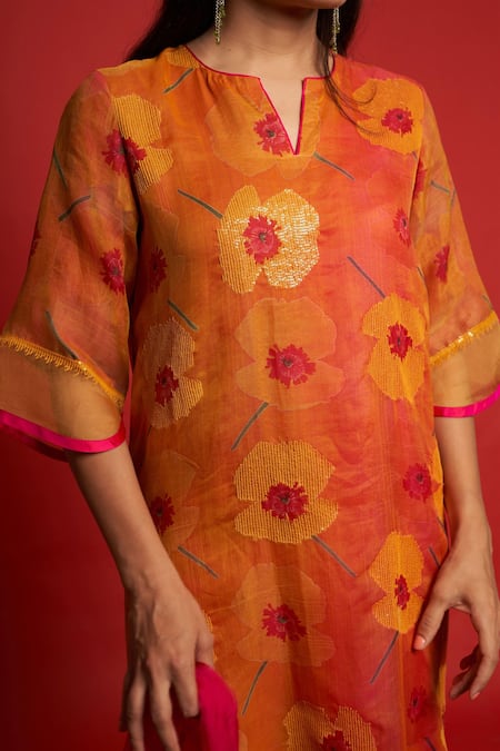 Shop Priti Prashant Orange Sheer Silk And Organza Floral Print & Sequin Notched Poppy Kurta Pant Set Online at Aza Fashions Shop_Priti Prashant_Orange Sheer Silk And Organza Floral Print & Sequin Notched Poppy Kurta Pant Set _Online_at_Aza_Fashions