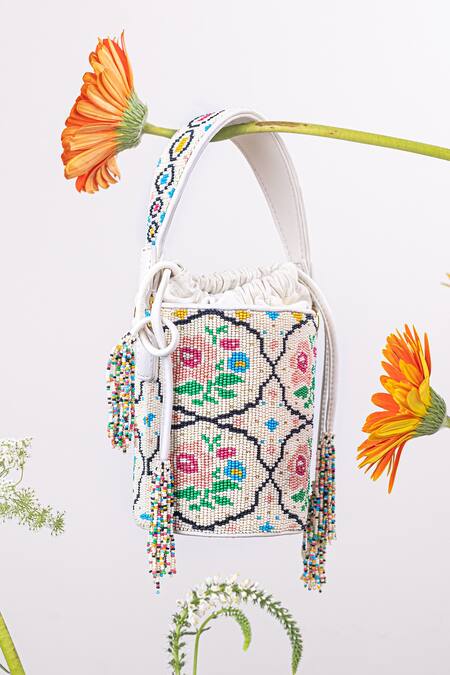 The Leather Garden White Embroidery Poppy Beaded Bucket Bag With Sling