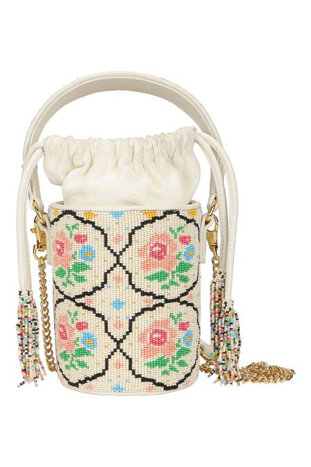 Shop The Leather Garden White Embroidery Poppy Beaded Bucket Bag With Sling at Aza Fashions Shop_The Leather Garden_White Embroidery Poppy Beaded Bucket Bag With Sling_at_Aza_Fashions
