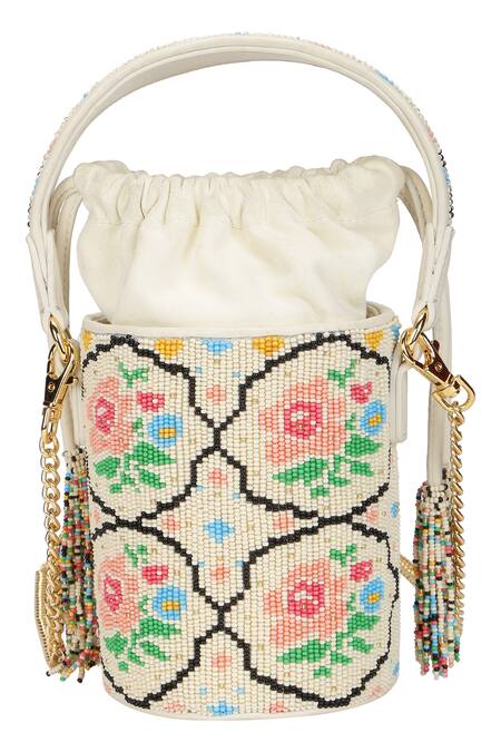 Buy The Leather Garden White Embroidery Poppy Beaded Bucket Bag With Sling Online at Aza Fashions Buy_The Leather Garden_White Embroidery Poppy Beaded Bucket Bag With Sling_Online_at_Aza_Fashions