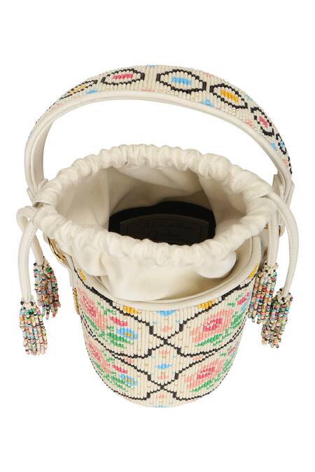 Shop The Leather Garden White Embroidery Poppy Beaded Bucket Bag With Sling Online at Aza Fashions Shop_The Leather Garden_White Embroidery Poppy Beaded Bucket Bag With Sling_Online_at_Aza_Fashions