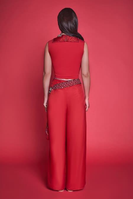 JADE BY MONICA & KARISHMA_Red Organza Round Cape And Pant Set  _Online_at_Aza_Fashions