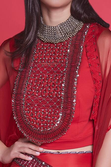 Buy_JADE BY MONICA & KARISHMA_Red Organza Round Cape And Pant Set  _Online_at_Aza_Fashions