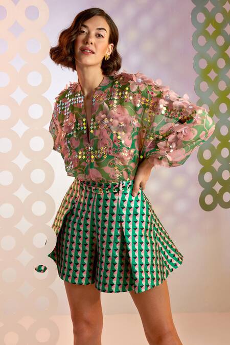 Buy_Pankaj & Nidhi_Green Organza Floral Appliques Band Collar Porta Embellished Bomber Jacket _Online_at_Aza_Fashions