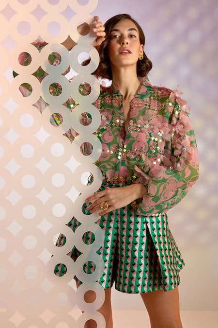 Shop_Pankaj & Nidhi_Green Organza Floral Appliques Band Collar Porta Embellished Bomber Jacket _Online_at_Aza_Fashions