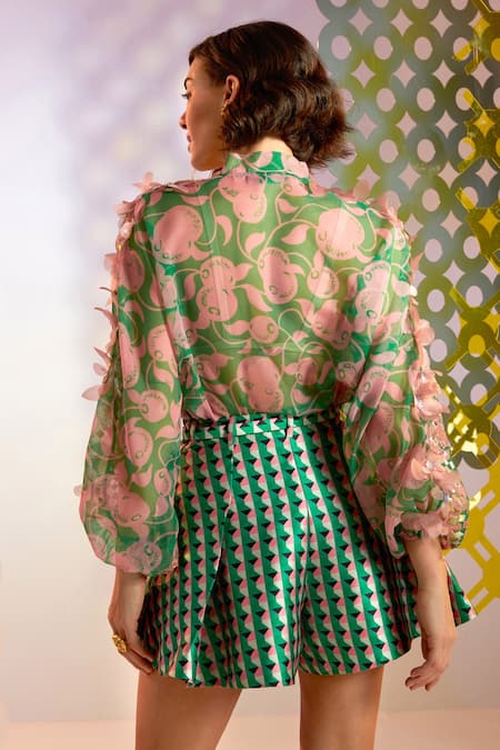 Shop Pankaj & Nidhi Green Satin Twill Abstract Geometric Motifs Porta Tailored Mini Skorts at Aza Fashions Shop_Pankaj & Nidhi_Green Satin Twill Abstract Geometric Motifs Porta Tailored Mini Skorts_at_Aza_Fashions