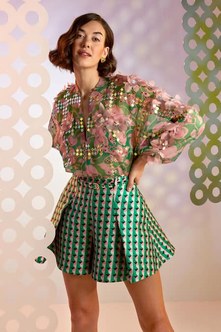 Buy Pankaj & Nidhi Green Satin Twill Abstract Geometric Motifs Porta Tailored Mini Skorts Online at Aza Fashions Buy_Pankaj & Nidhi_Green Satin Twill Abstract Geometric Motifs Porta Tailored Mini Skorts_Online_at_Aza_Fashions