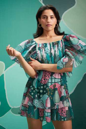 Buy_Pankaj & Nidhi_Green Chiffon Embroidery Square Neck Printed Dress _Online_at_Aza_Fashions