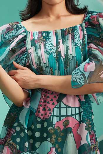 Shop_Pankaj & Nidhi_Green Chiffon Embroidery Square Neck Printed Dress _Online_at_Aza_Fashions