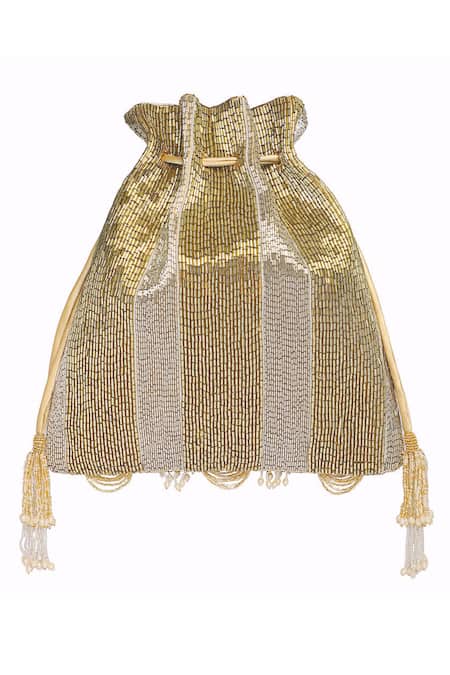 Lovetobag_Gold Embellished Ruche Potli Bag _Online_at_Aza_Fashions