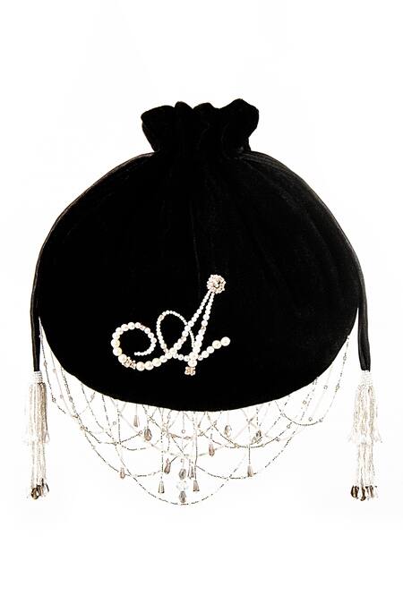 Lovetobag_Black Embellished Monogram Pearl Potli _Online_at_Aza_Fashions