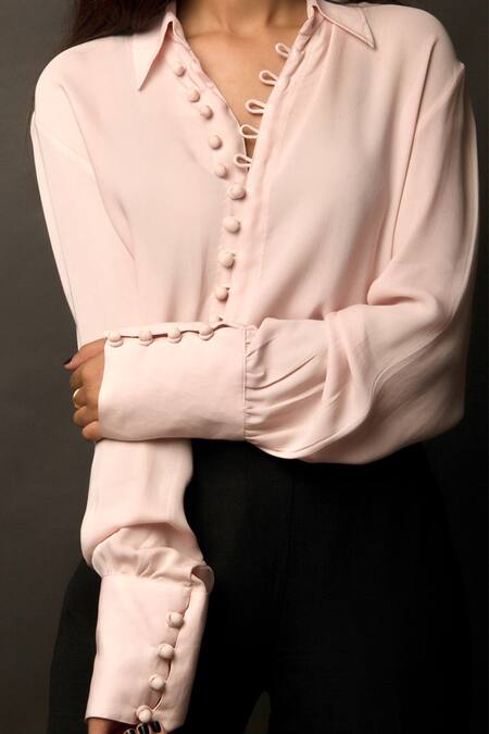 Jasmine Bains Pink Cupro Georgette Straight Collar Cuff Sleeves Shirt Online at Aza Fashions Jasmine Bains_Pink Cupro Georgette Straight Collar Cuff Sleeves Shirt _Online_at_Aza_Fashions