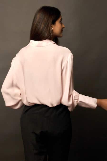Shop Jasmine Bains Pink Cupro Georgette Straight Collar Cuff Sleeves Shirt at Aza Fashions Shop_Jasmine Bains_Pink Cupro Georgette Straight Collar Cuff Sleeves Shirt _at_Aza_Fashions