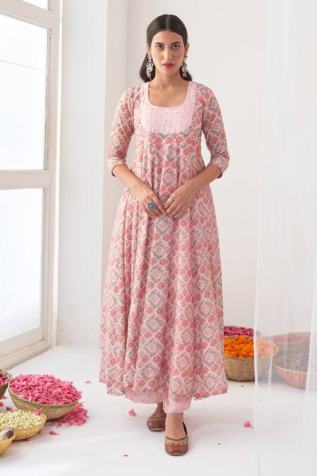 Buy Negra Elegante Pink Organza, Cotton Silk Digital Print, Mirror Work Square Peony Anarkali Set Online at Aza Fashions Buy_Negra Elegante_Pink Organza, Cotton Silk Digital Print, Mirror Work Square Peony Anarkali Set _Online_at_Aza_Fashions