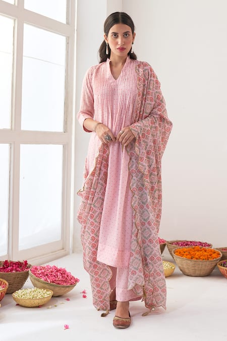 Onion pink hand embroidered kurta and palazzo - set of two by