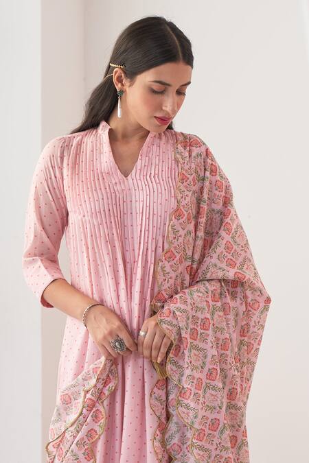 Shop Negra Elegante Pink Chanderi, Cotton Silk Digital Print, Mirror Work V Neck Peony Kurta Set Online at Aza Fashions Shop_Negra Elegante_Pink Chanderi, Cotton Silk Digital Print, Mirror Work V Neck Peony Kurta Set _Online_at_Aza_Fashions