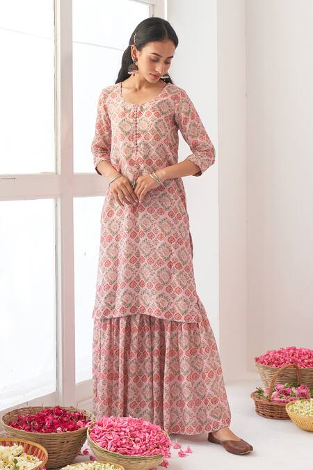 Negra Elegante_Pink Organza, Cotton Silk Digital Print, Mirror Work Peony Kurta Sharara Set_Online_at_Aza_Fashions